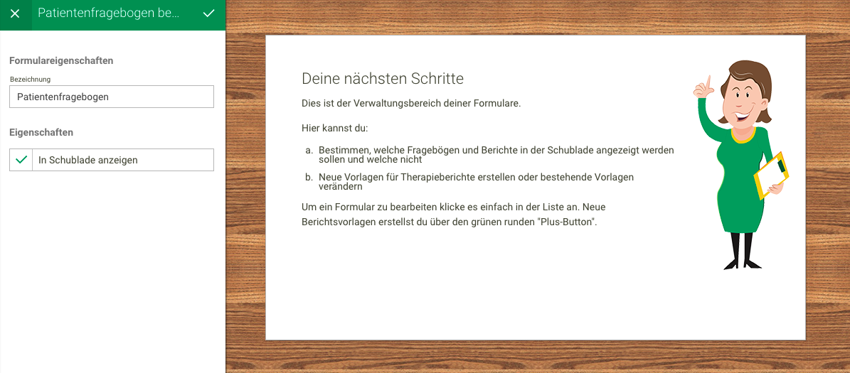 Screenshot Menü Dokumentation Formulare Fragebogen